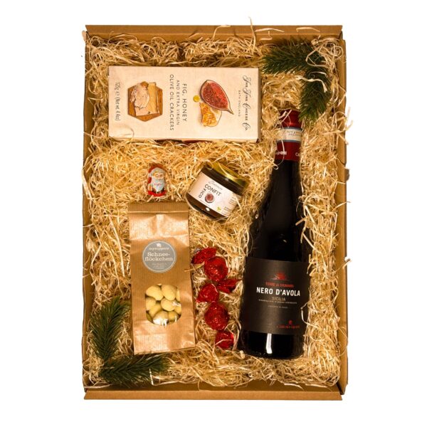 Weihnachtsbox mit Rotwein und Schokomandeln – Feinkost-Kundengeschenk mit Logo