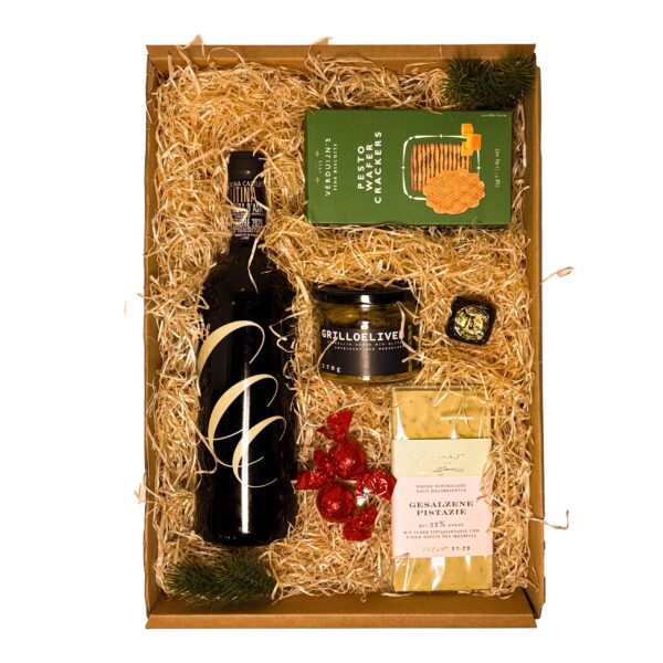 Weihnachtsbox mit Rotwein und Käse-Cracker – Feinkost-Kundengeschenk mit Logo