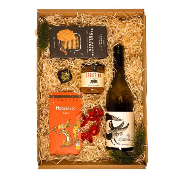 Weihnachtsbox mit Weißwein und Cracker-Snacks – Feinkost-Kundengeschenk mit Logo