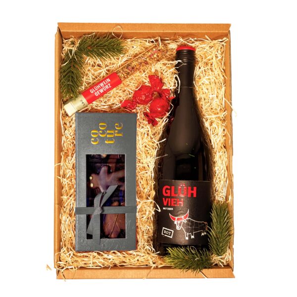 Weihnachtsbox Advent, Advent mit Glühwein und Schoko-Figuren – Feinkost-Kundengeschenk mit Logo