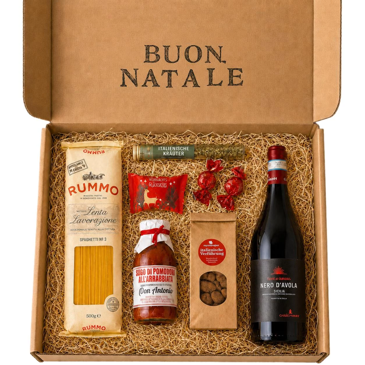 Italienisches Weihnachtsgeschenk mit Rotwein, Pasta und Sugo – Buon Natale