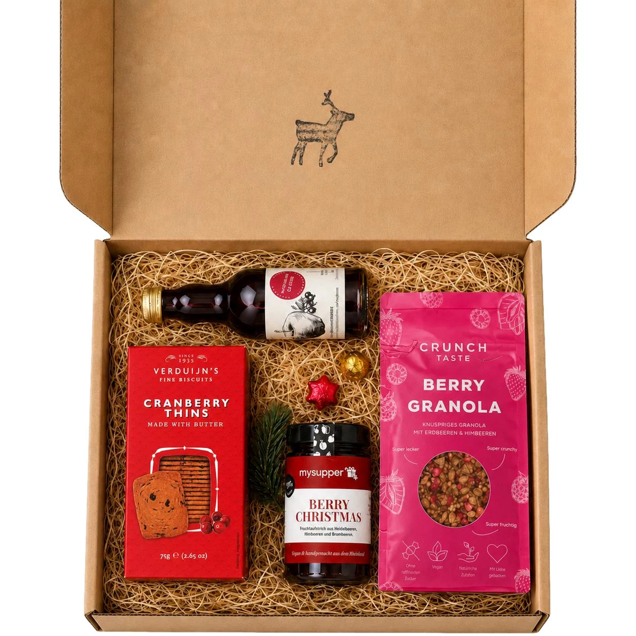 Frühstücksgeschenk zu Weihnachten mit Granola, Beeren und Saft – Beerenstarke Weihnachten