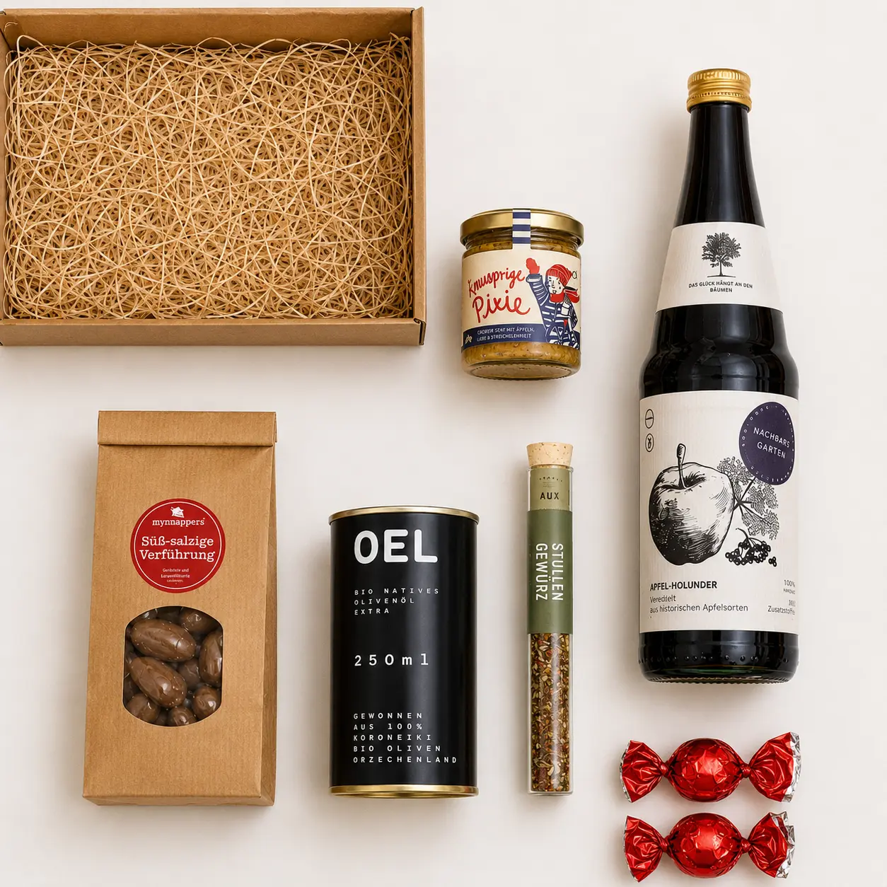 Alkoholfreie Geschenkbox mit Senf von Senf Pauli, Bio-Olivenöl, Stullengewürz und Apfel-Holunder-Saft
