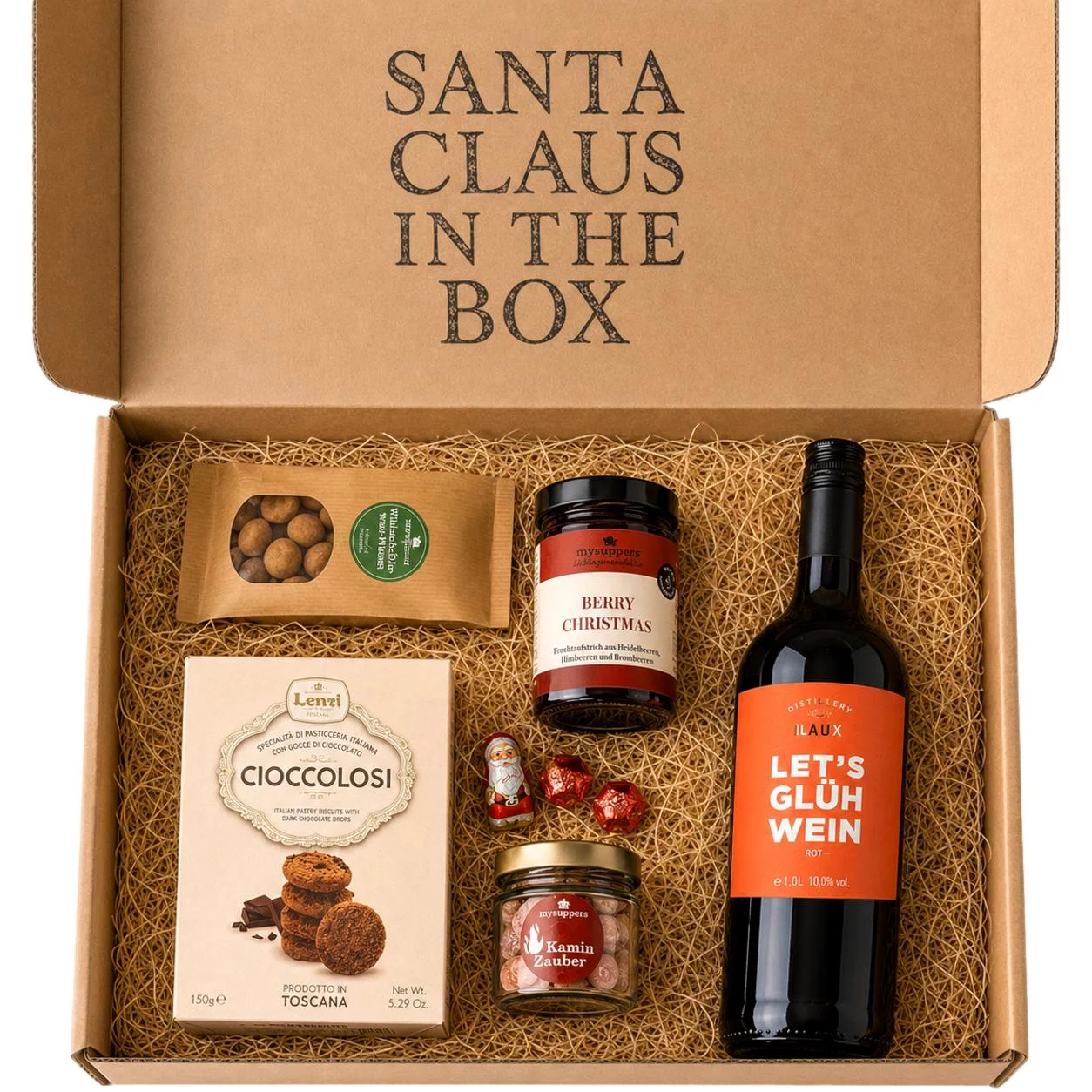 Nikolausgeschenk für Erwachsene mit Glühwein und Schoko-Weihnachtsmann – Santa Claus in the Box