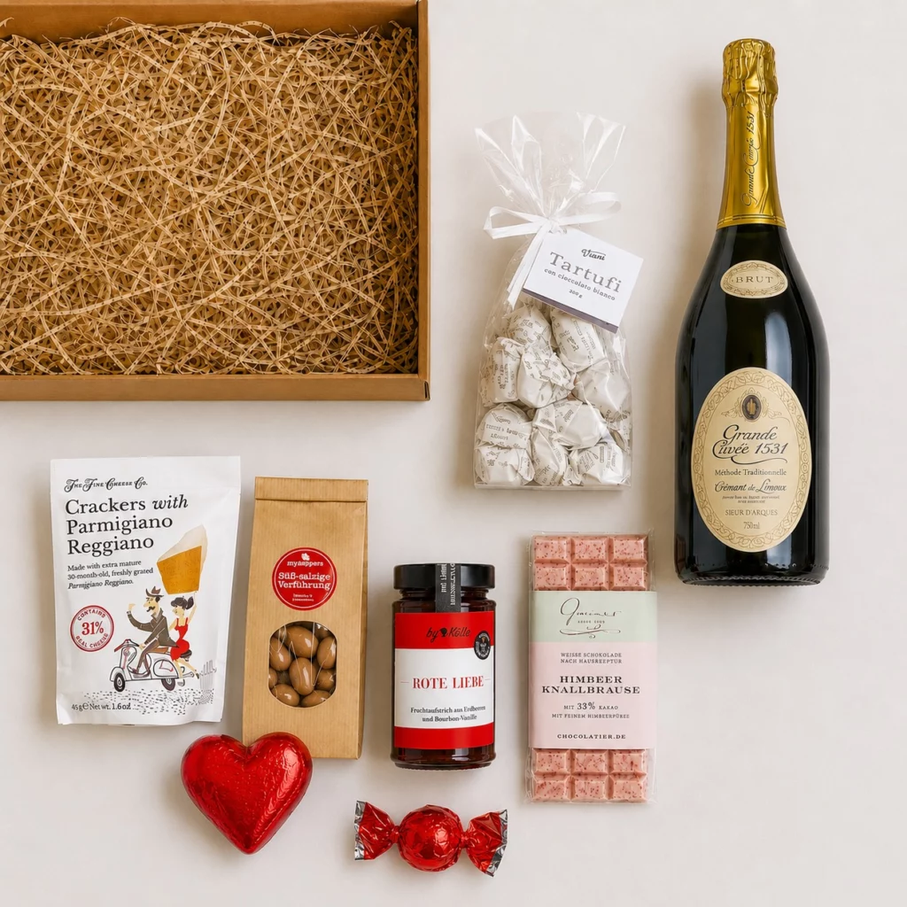 Hochzeitsgeschenk Set mit Crémant & süßen Leckereien – Zur Hochzeit — Hochzeits-Präsentkorb von Mysupper