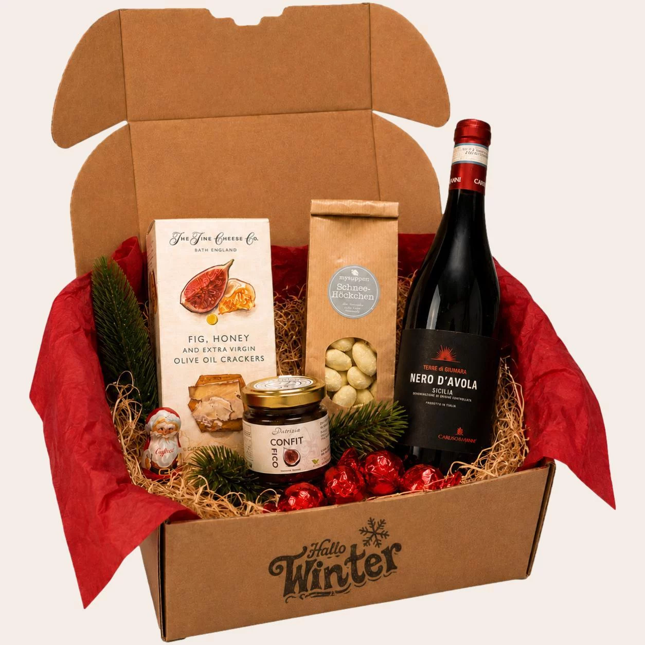 Geschenkbox Hallo Winter von mysupper mit Rotwein, Feigen-Honig-Crackern, weißer Schokolade und Feigenconfit