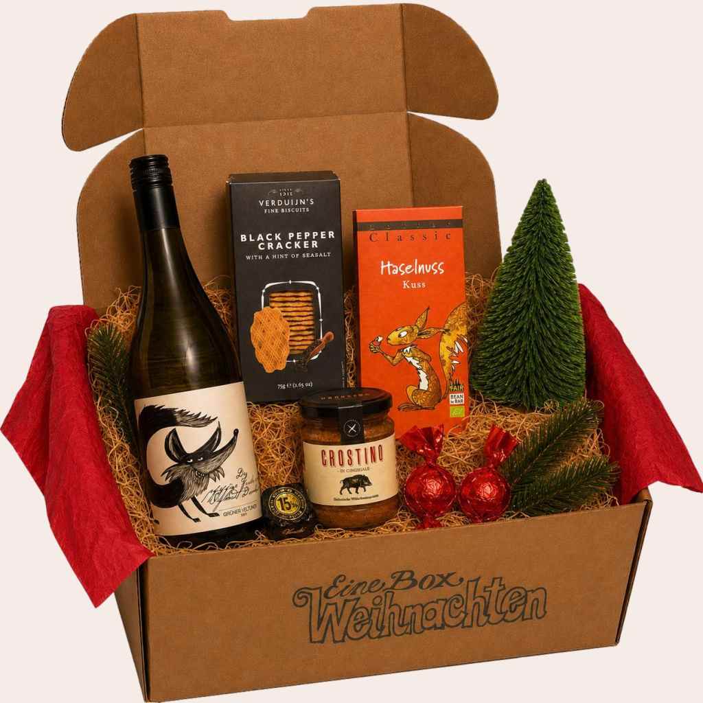 Weihnachtsgeschenk für Mitarbeiter: Feinkostbox mit Weißwein, Crackern und Schokolade