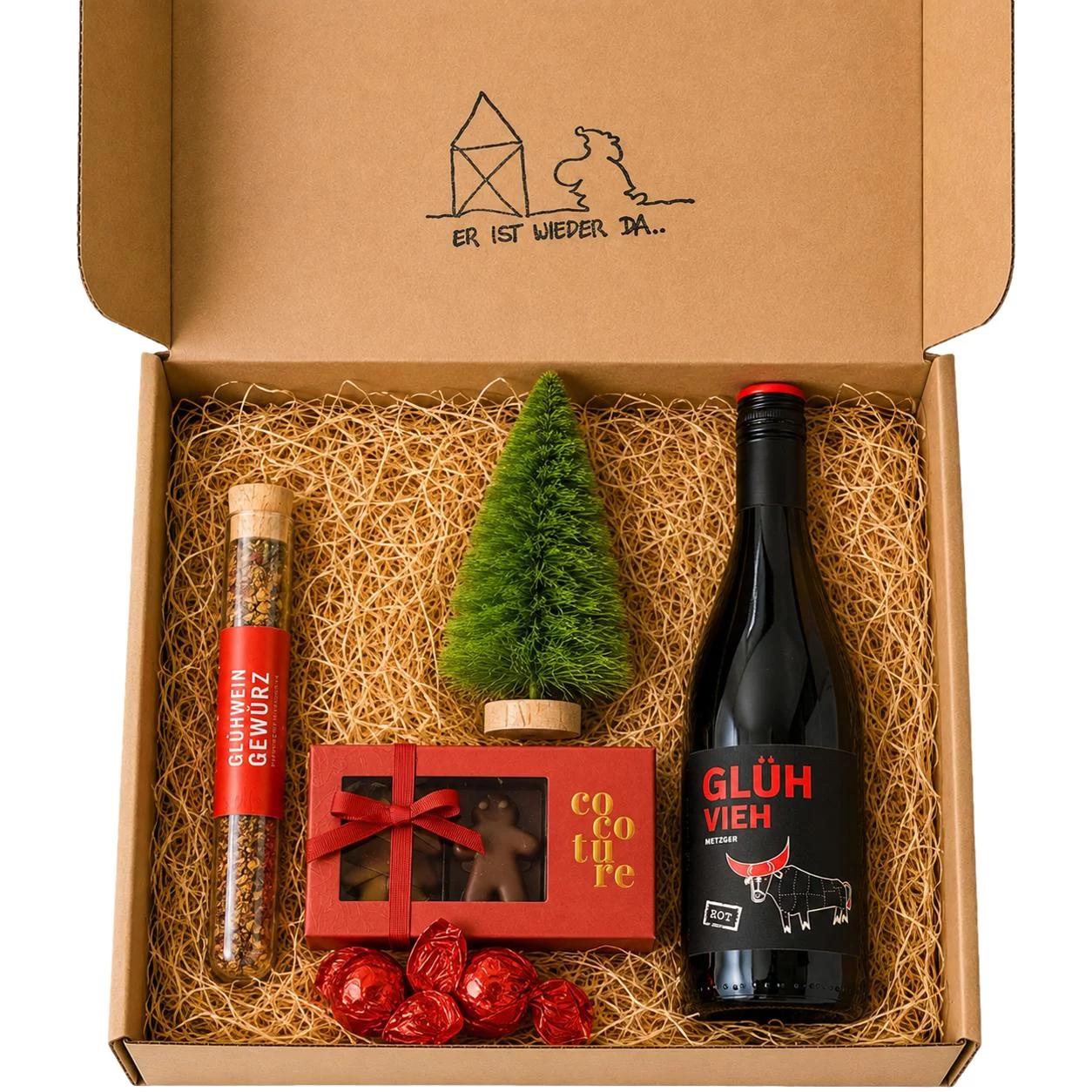 Geöffnete Geschenkbox Advent, Advent von mysupper mit Glühwein, Glühweingewürz, Schokoladenfigur und Pralinen