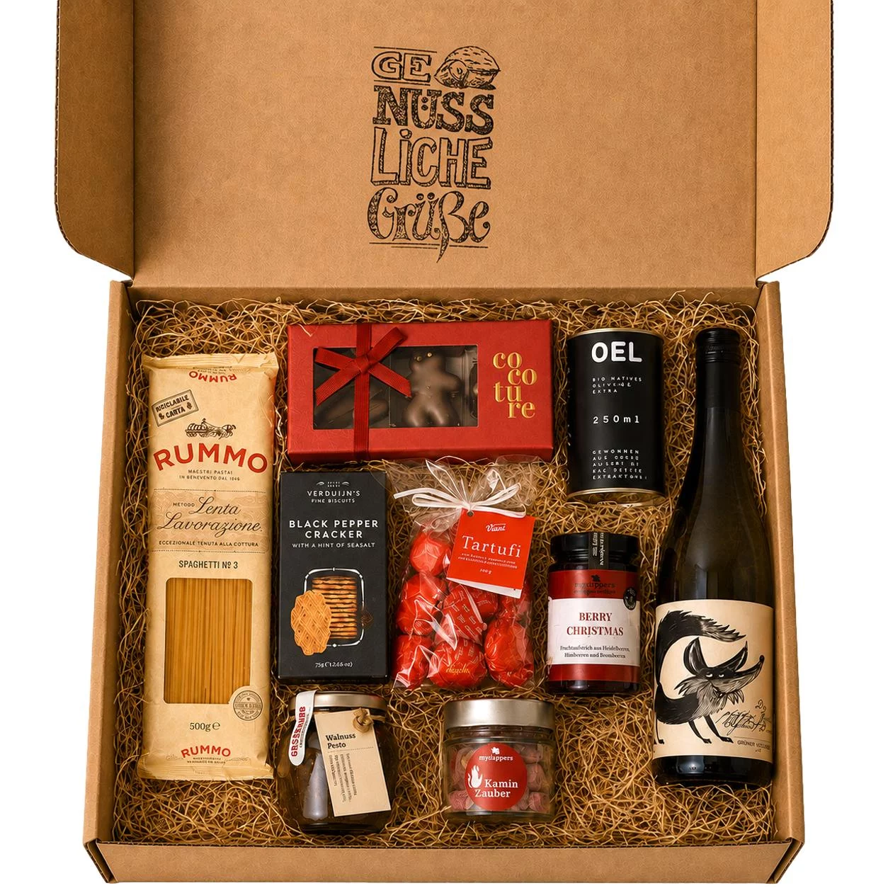 Große Geschenkbox Grande Genuss von mysupper mit Rummo-Spaghetti, Olivenöl, Grünem Veltliner, Walnusspesto, Trüffelpralinen und Berry-Christmas-Fruchtaufstrich